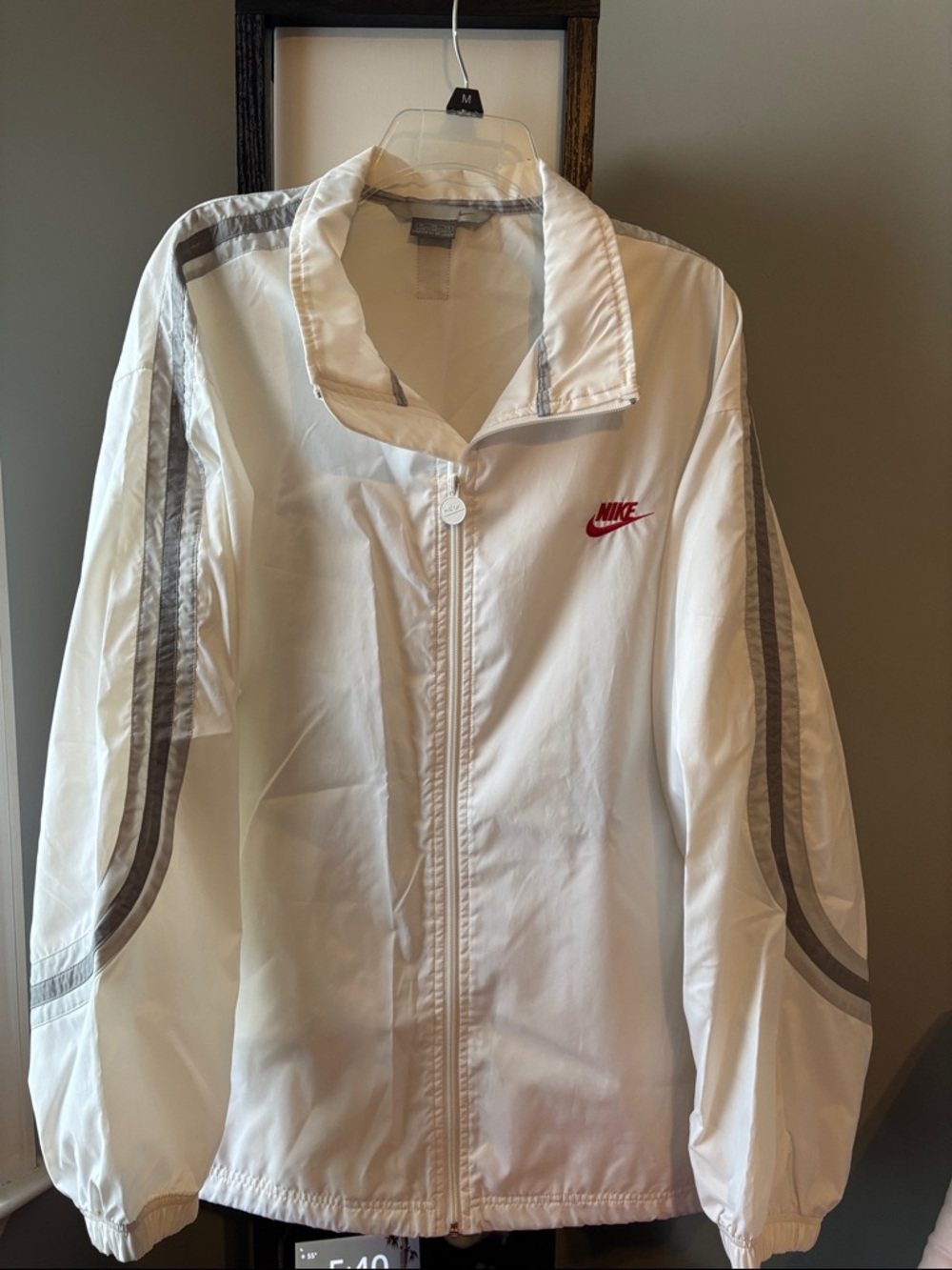 Nike White Bomber Jacket with Grey Stripes and Red Logo